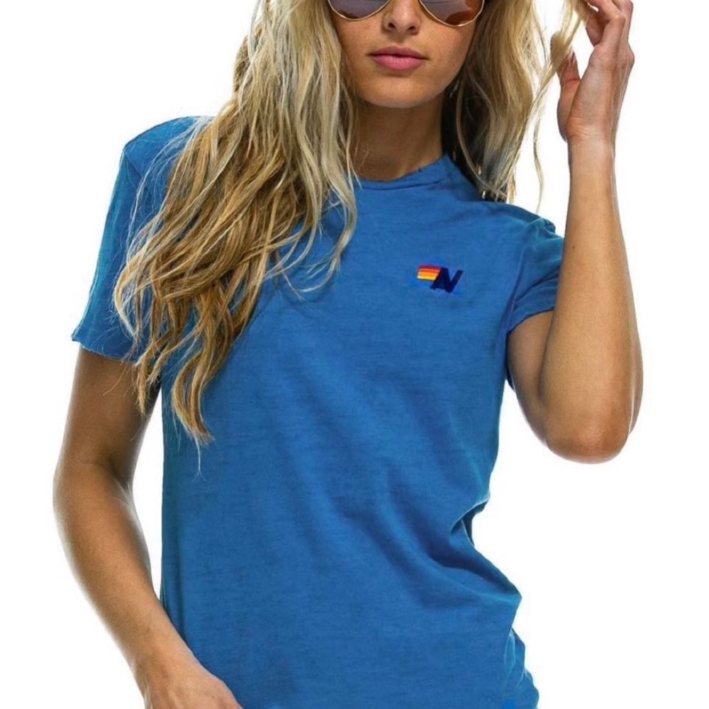 Aviator Nation Blue Short Sleeve Tee with Small Multicolor Logo